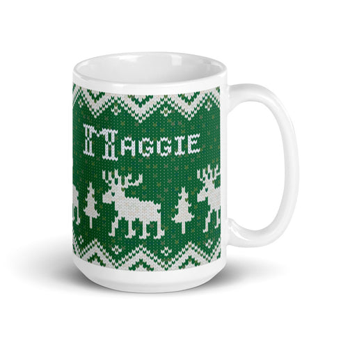 Scandinavian Moose Mug, Knitting Name Mug, Christmas Sweater Mug